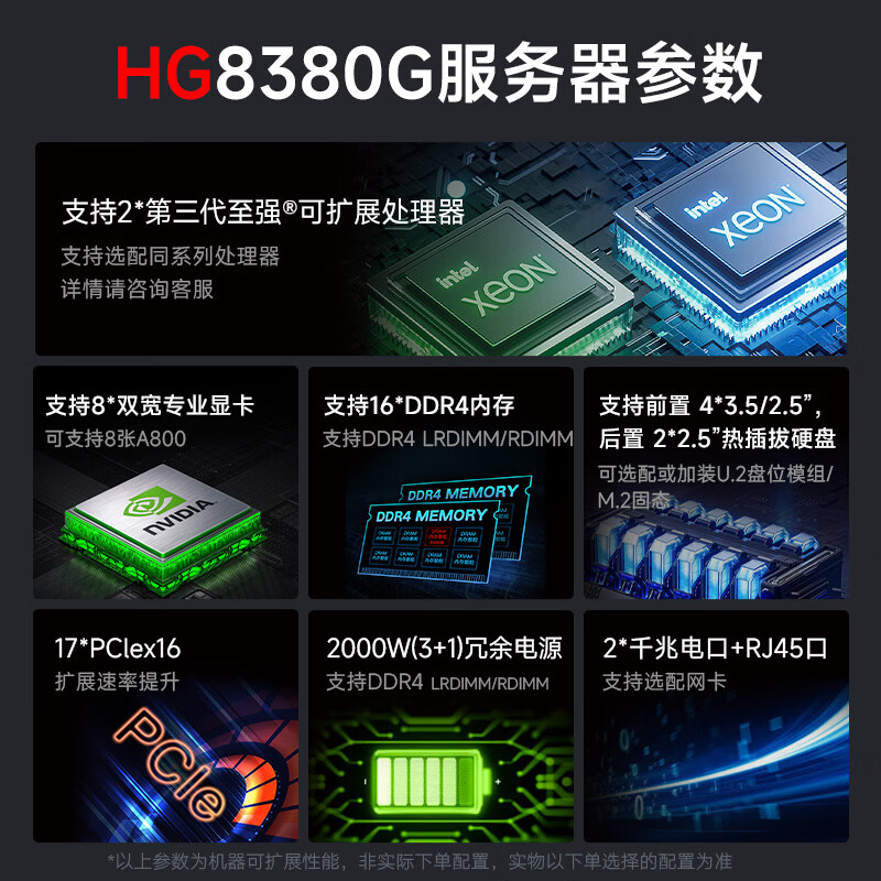 数聚红芯HG8380G双路8卡仿真AI模型训练计算【服务器】5318Y*2/32G*4/480G/8T/四口千兆/2000W*4